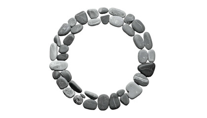 Circular arrangement of smoothed stones forming an open ring on a black background