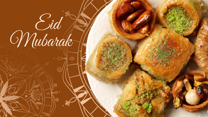 Naklejka premium Celebration of Ramadan with sweets and nuts displayed on a plate for Eid Mubarak festival