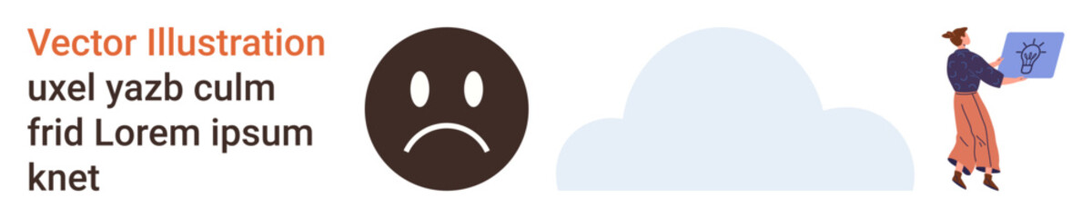 Fototapeta premium Emotion expression, weather , data analysis, mood tracking, visual design elements, abstract symbolism. Sad face icon, cloud and woman with chart. Emotion expression and weather ation