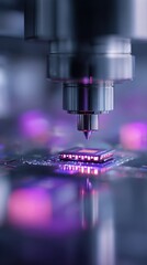 Precision microchip manufacturing process with high-tech industrial machinery and glowing purple lights, semiconductor technology concept.