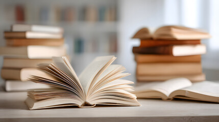 Naklejka premium The Joy of Reading Open Book and Stack on a Wooden Desk