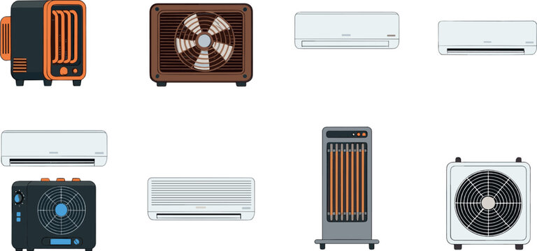 Home climate control appliances icon set with air conditioners, heaters and fans in flat vector style for cooling and heating design