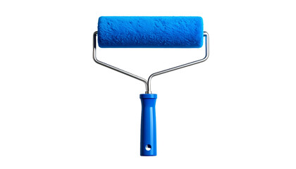 A vibrant blue paint roller with a chrome frame and a blue handle, isolated on black