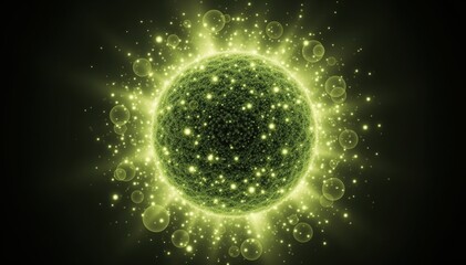 Obraz premium Celestial Energy Sphere: A captivating visualization of a glowing energy sphere, surrounded by radiating particles and ethereal bubbles, evokes concepts of cosmic energy, scientific discovery.