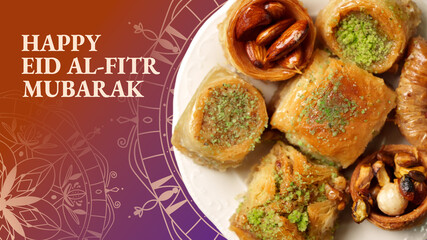 Naklejka premium Celebration of Eid al-Fitr with traditional sweets and nuts on a festive plate