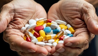 Healthcare Remedy in Hands: A pair of caring hands cradle a colorful assortment of medicinal pills, tablets, and capsules, presenting a visual representation of healthcare treatment and wellness.