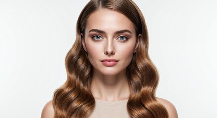 Fototapeta premium Radiant Beauty: A captivating portrait of a young woman with flowing, elegant waves. Her graceful pose and natural makeup.