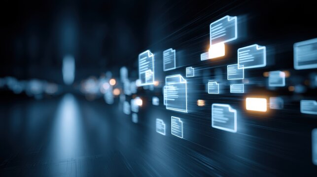 Abstract futuristic digital data flow with glowing document icons and blurred background