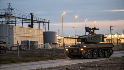 Tactical Military Vehicle Maneuvering Near Industrial Complex at Dusk