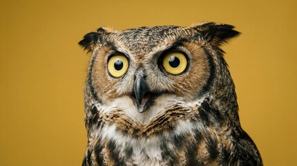 Obraz premium Studio portrait of surprised owl on yellow background concept. A majestic owl with striking yellow eyes against a yellow background.