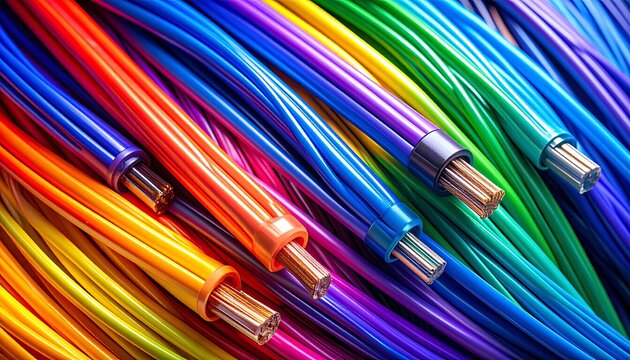 Close-up of colorful electrical wires, displaying bright hues and exposed copper, suggesting digital communication