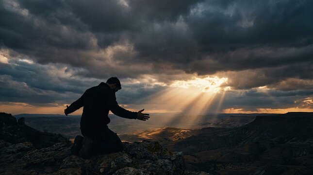 The man cried and prayed in deep despair concept. A person embracing the serene beauty of nature at sunset.