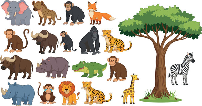 Safari and jungle animals illustration set with elephant, lion, giraffe, zebra and monkey in colorful flat vector cartoon style for kids education