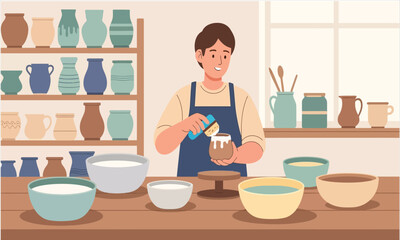Handmade Pottery Glazing and Ceramic Craft Workshop Vector Illustration
