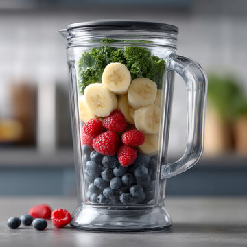Fresh mixed fruit and kale in blender on modern kitchen counter