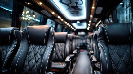 Fototapeta premium Interior of a luxury motorcoach featuring premium black leather quilted seats and stylish ambient lighting.