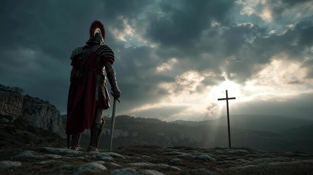 Ancient Roman soldier in detailed armor standing on rocky terrain with a dramatic sky and cross in the background, symbolizing faith and historical significance