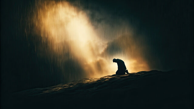 The man cried and prayed in deep despair concept. A silhouette of a person in contemplation under dramatic lighting.