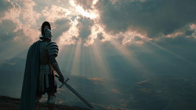 Ancient Roman soldier in detailed armor standing on a hilltop overlooking a landscape with dramatic clouds and rays of sunlight breaking through, symbolizing strength and history