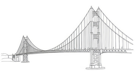 Obraz premium Black and white line art sketch of an iconic suspension bridge, a famous architectural landmark over water