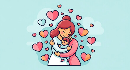 Obraz premium Loving mother holding baby surrounded by floating hearts symbolizing love and affection in a sweet cartoon illustration