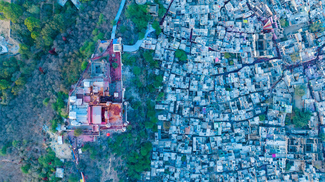 Aerial view of Shri Raas Bihari Temple during the Holy colour festival in Barsana, Uttar Pradesh, India.
