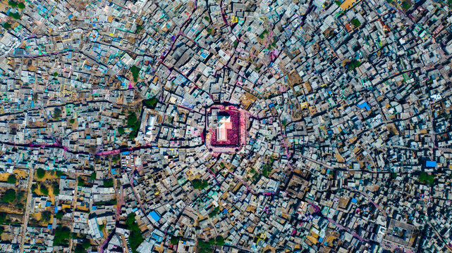 Aerial view of Shri Raas Bihari Temple during the Holy colour festival in Barsana, Uttar Pradesh, India.