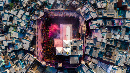 Fototapeta premium aerial shot of Barsana temple uttar pradesh during holi festival in india