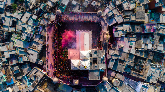 aerial shot of Barsana temple uttar pradesh during holi festival in india