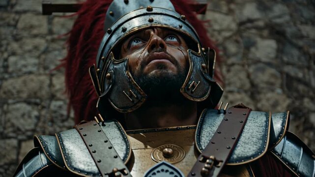 Close-up of a Roman soldier s face with detailed armor and intense emphasizing historical and religious themes related to Jesus Christ and