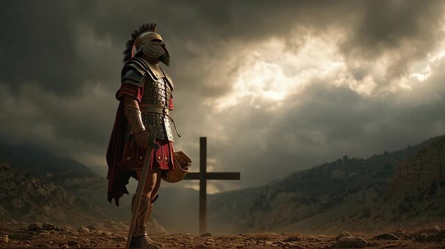 Ancient Roman soldier standing in front of a cross during a dramatic cloudy sky scene, symbolizing biblical and historical themes of sacrifice and faith