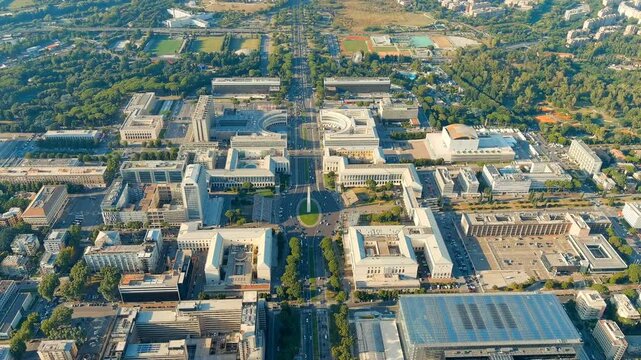 Rome, Italy. Piazza Guglielmo Marconi. District EUR - Quarter is a vast complex of buildings built on the orders of dictator Benito Mussolini. Drone footage