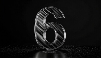 Number 6 in solid glass, black surface, bold highlights, and fine diagonal line pattern.