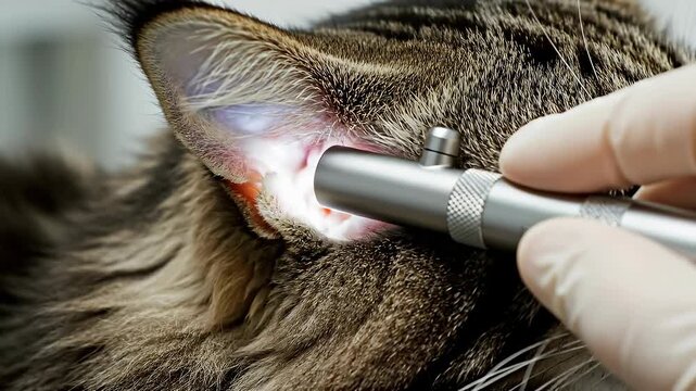 Close-up of a veterinarian examining a cat&rsquo;s ear with an otoscope during a routine checkup.