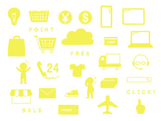 ネットショッピングをイメージした黄色いアイコンセット
