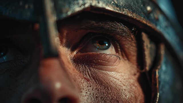 Close-up of a Roman soldier wearing a helmet with detailed eye reflection, capturing intense emotion and historical armor details in dramatic lighting
