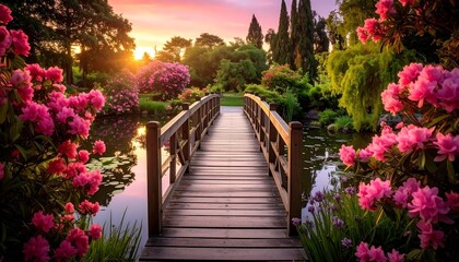 A scenic wooden bridge leads over serene water, framed by lush pink flowers, green foliage, and trees, with a radiant sunset in the background
