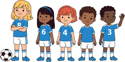 Cute kids soccer team character set with diverse children in blue uniforms, teamwork and sports spirit, cheerful cartoon flat vector illustration for children design © MdNazmul