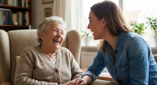 Happy senior woman and adult daughter laughing together at home, enjoying a heartfelt conversation and shared joy.