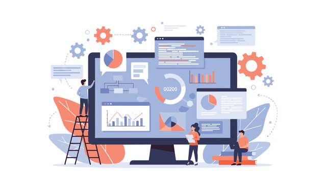 Diverse team of professionals analyzing complex data and coding on a large computer monitor, illustrating data science, business intelligence, and software development.