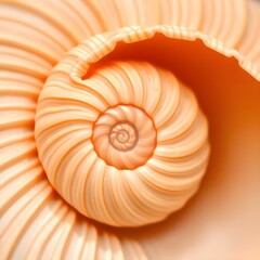 Macro photograph of a spiral-shaped sea shell with intricate natural ridges and warm beige-orange tones.