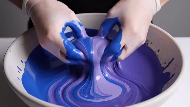 Hands in Gloves Mixing Thick Blue and Purple Gooey Substance