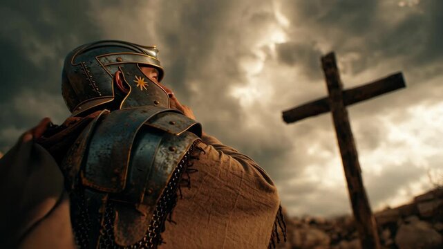 Roman soldier in detailed armor looking at a wooden cross under dramatic stormy sky, symbolizing the of Jesus Christ, religious sacrifice, and faith.