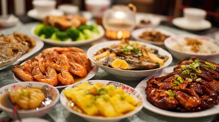 Obraz premium A variety of Asian dishes are displayed on a table with multiple plates of food