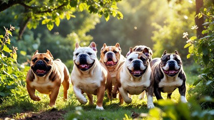 Sunlit Bulldogs: Playful Pups Running in Lush Green Garden