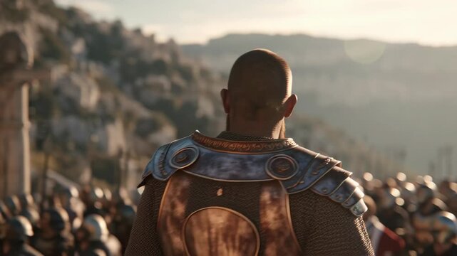 Roman soldier in detailed armor holding a gold cross during a historical reenactment or religious ceremony with a mountainous background