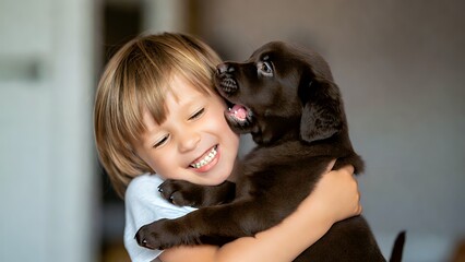 Joyful Moments: Boy Cuddling Playful Chocolate Labrador Puppy