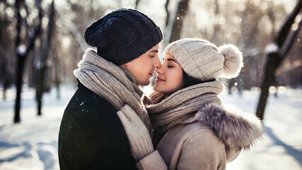 Winter Whispers: Cozy Couple Embracing in Snowy Park