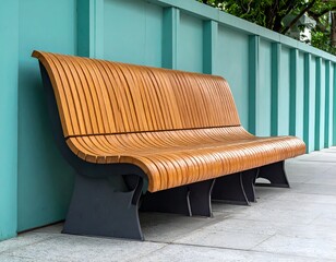 Modern wooden bench with curved slats, against teal wall
