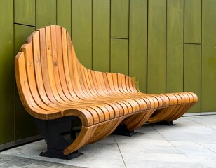 Wooden bench with wavy slats against green facade